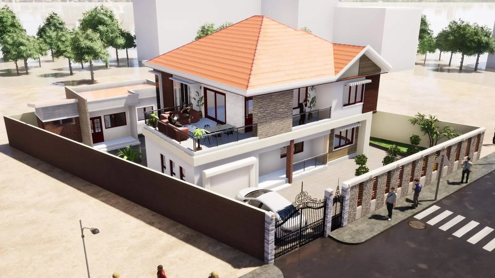 Vue aérienne d’une maquette de villa familiale avec cour