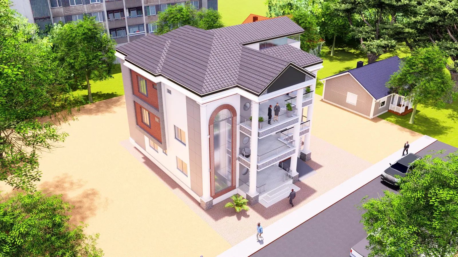Maquette aérienne d’une villa familiale à plusieurs niveaux