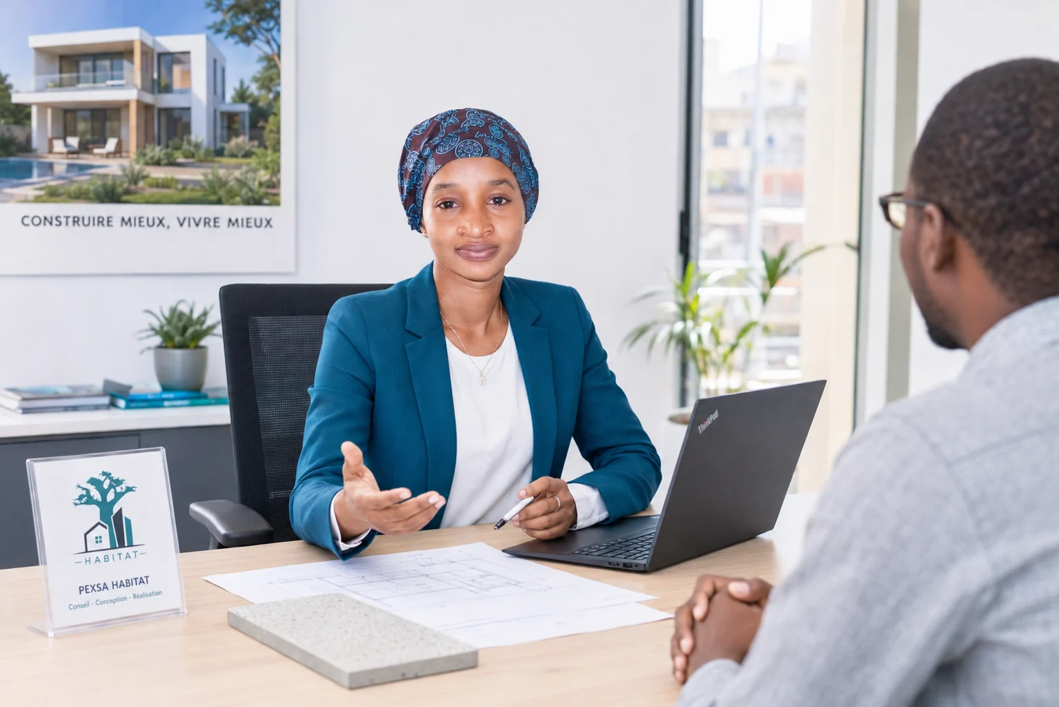 Conseillère PEXSA Habitat présentant un projet à un client